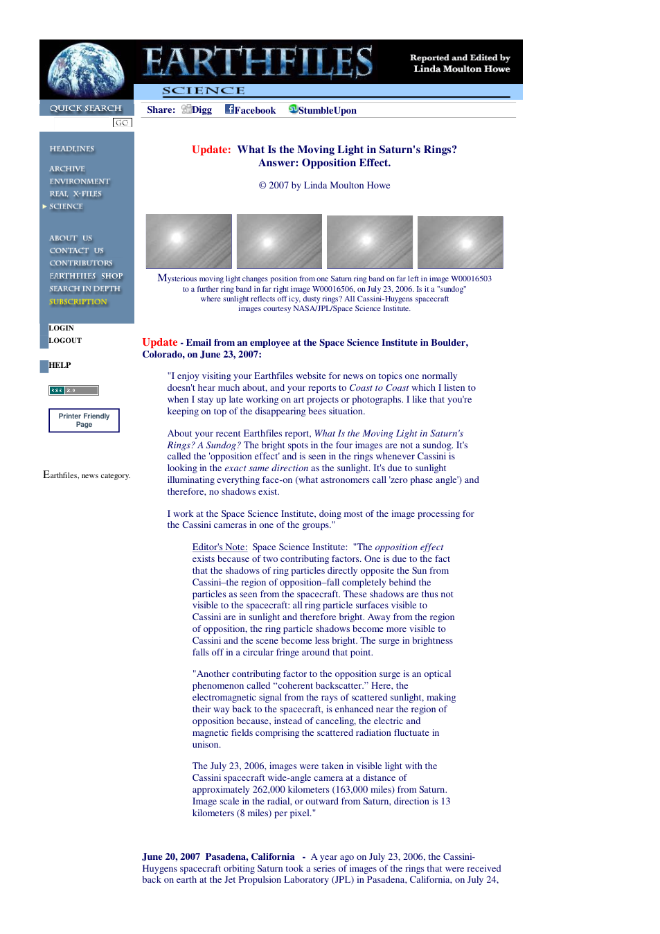 06 20 2007 Update What Is the Moving Light in Saturn's Rings Answer Opposition Effect cover