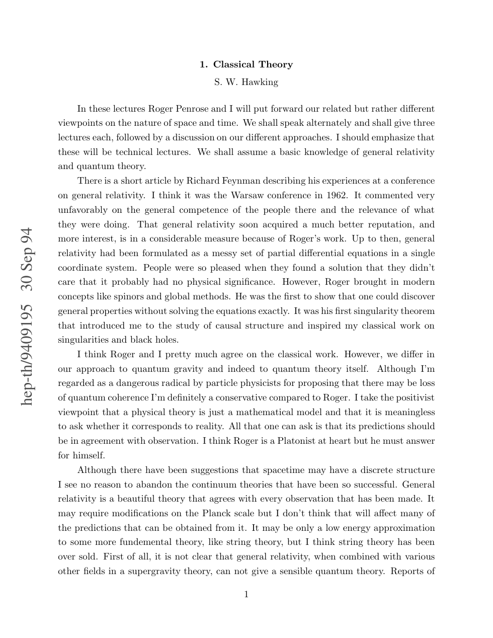 Stephen Hawking - The Nature of Space and Time cover