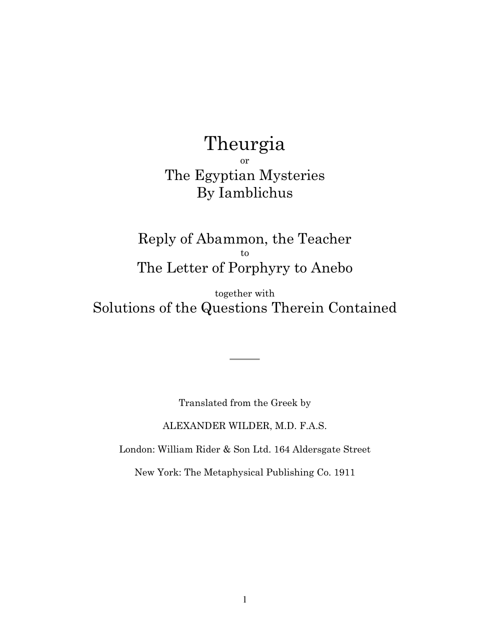 Iamblichus - Theurgia or The Egyptian Mysteries cover