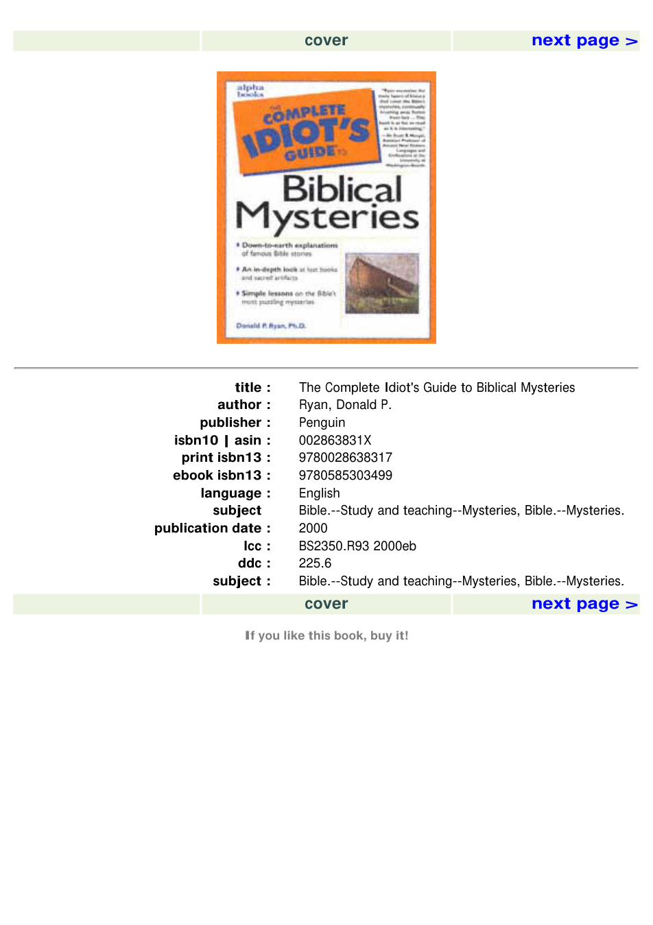 Donald Ryan - The Complete Idiot's Guide to Biblical Mysteries [1 eBook - PDF] cover