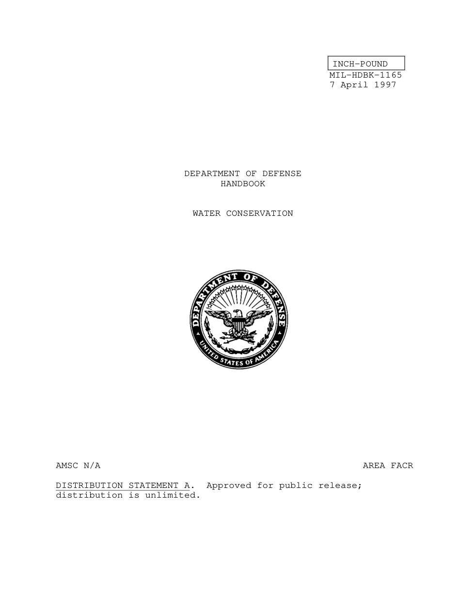USDOD Water Conservation MIL-HDBK-1165 1997 136 pages cover