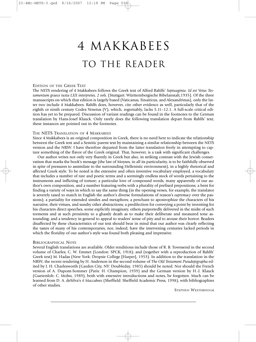 23 4 Makkabees, tr. Stephen Westerholm cover