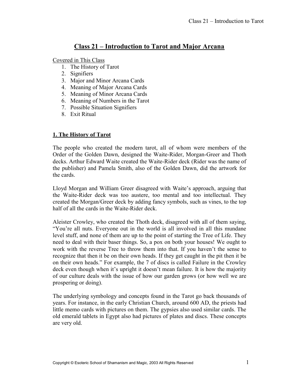 Class 21 Intro to Tarot and Mjr Arcana cover