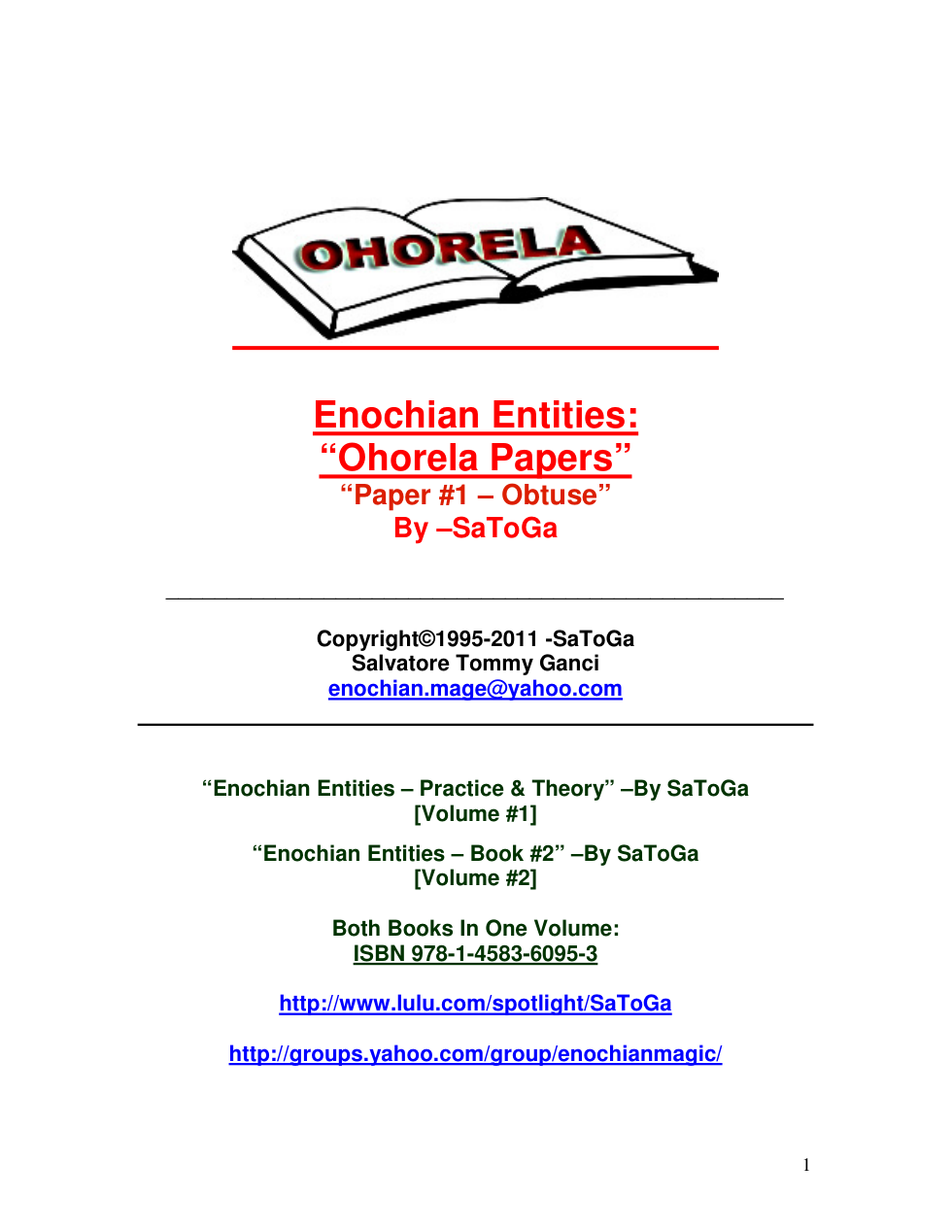 Enochian Entities- Ohorela Papers #1 By –SaToGa cover