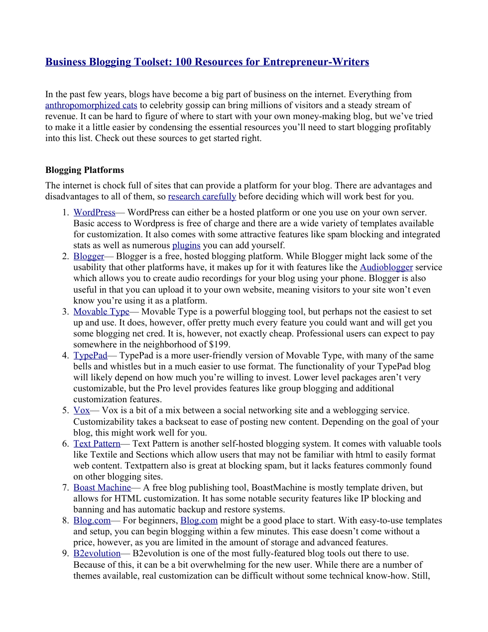 Business Blogging Toolset--100 Internet Resources for Entrepreneur-Writers cover