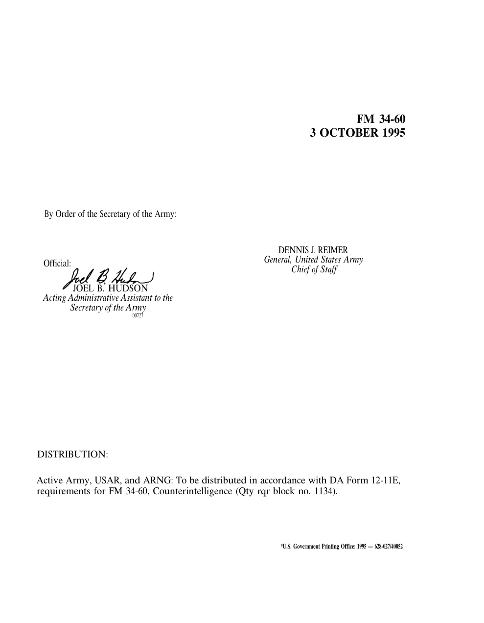 ARMY Counter Intelligence FM 34-60 1995 229 pages cover