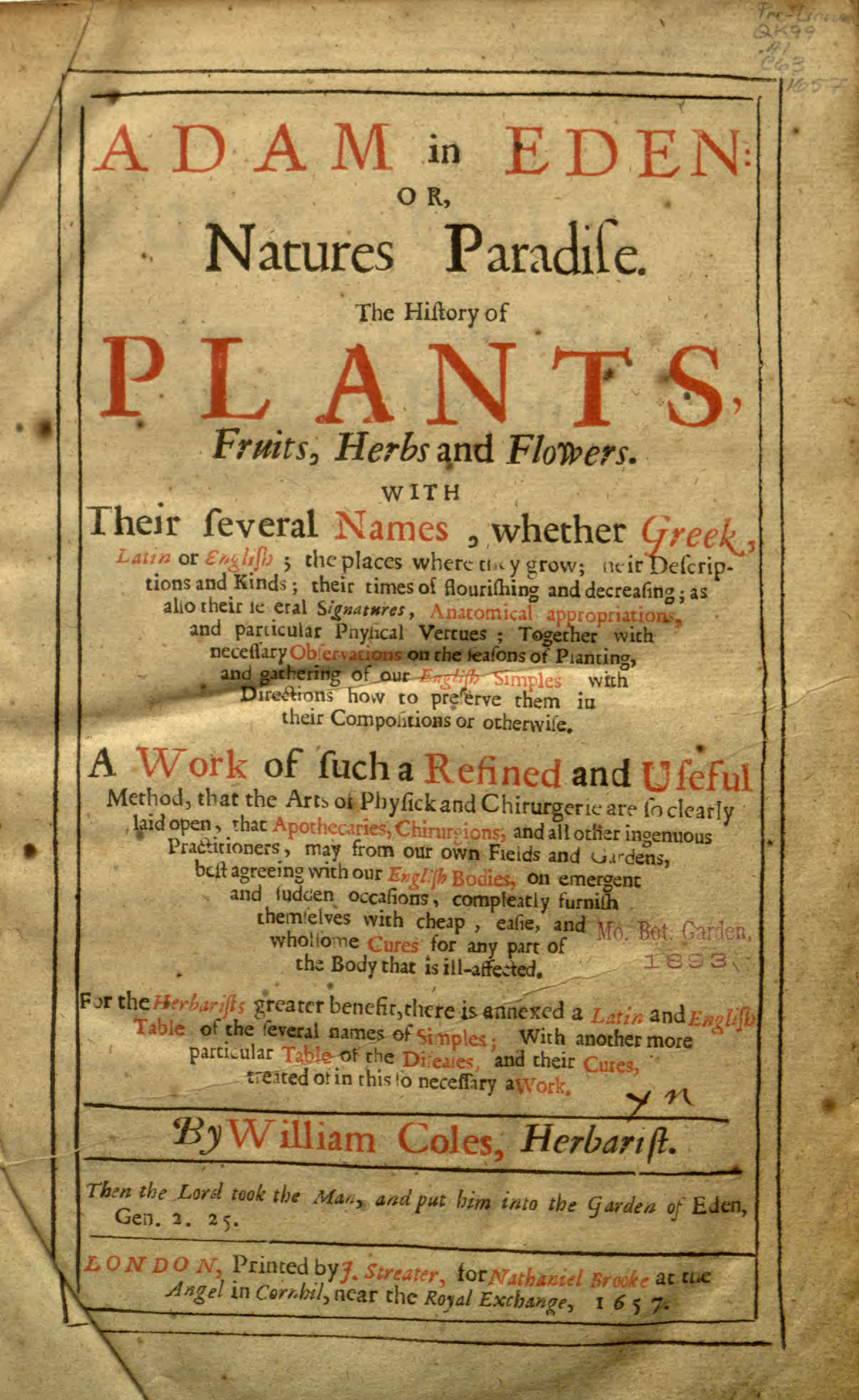 Adam in Eden, or, Natures paradise the history of plants, fruits, herbs and flowers with their several names, whether Gre~1 cover