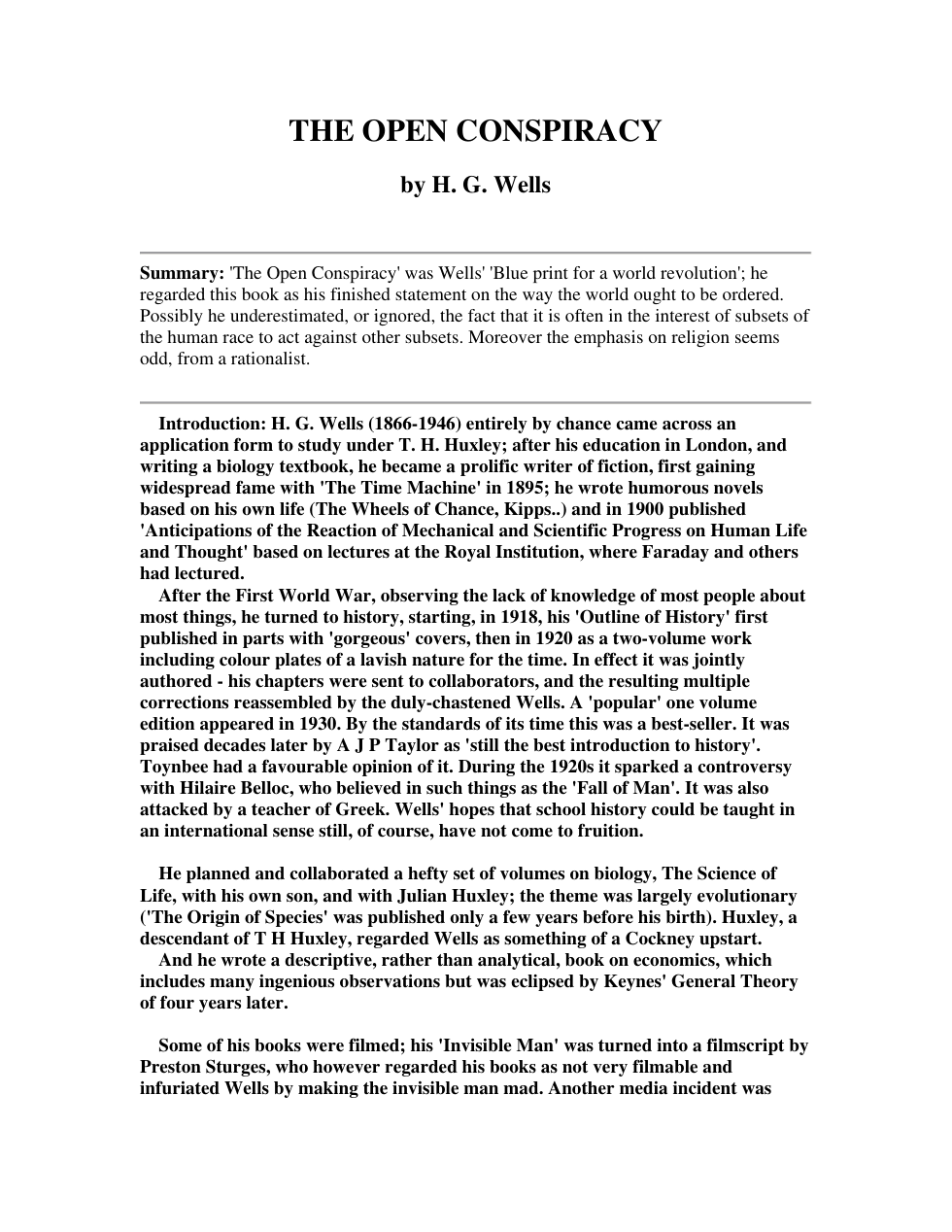 H.G. Wells - Open Conspiracy cover