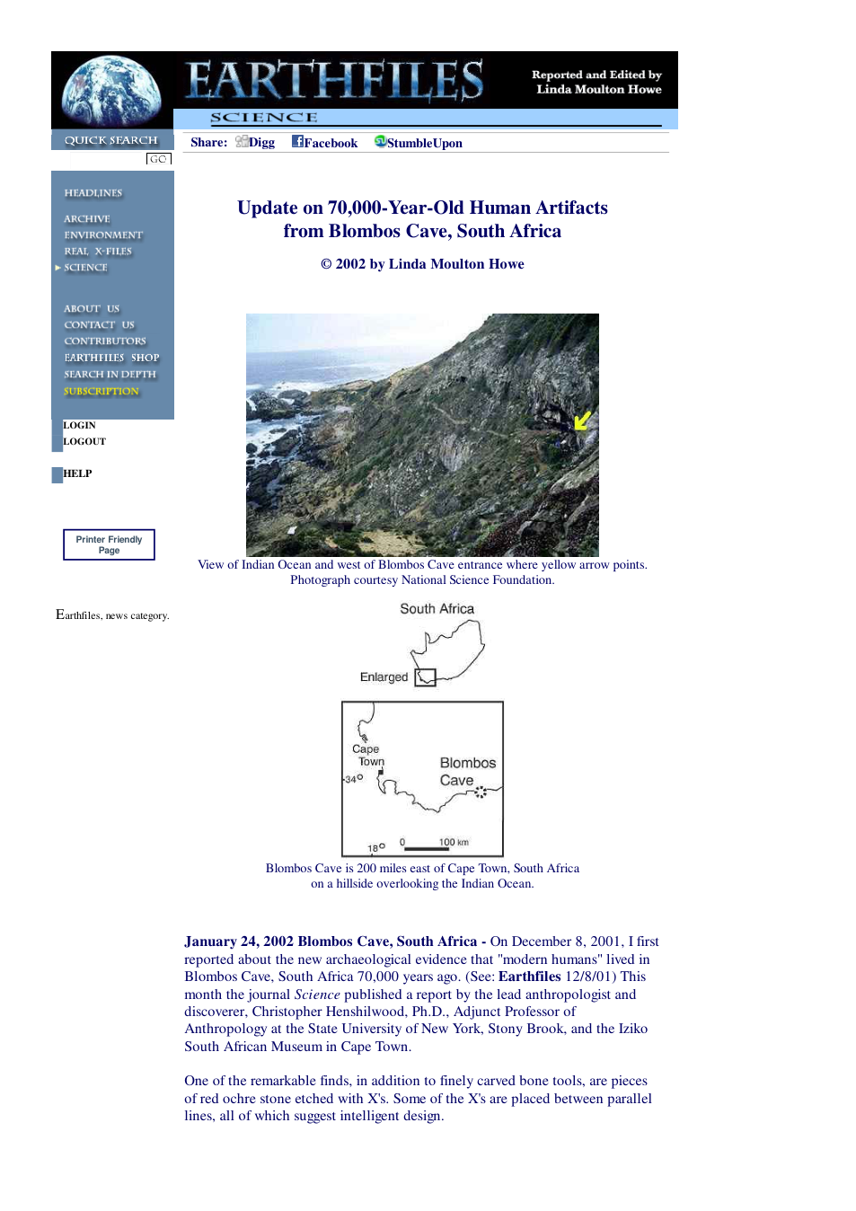 01 24 2002 Update on 70,000-Year-Old Human Artifacts from Blombos Cave, South Africa cover
