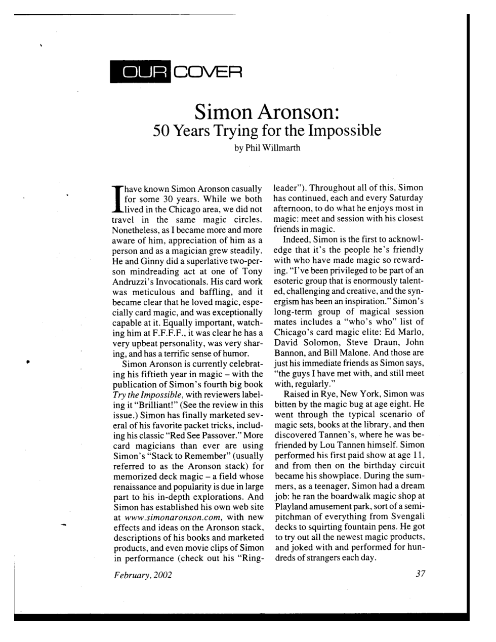 Simon Aronson - The Linking Ring 2002 Cover Story cover