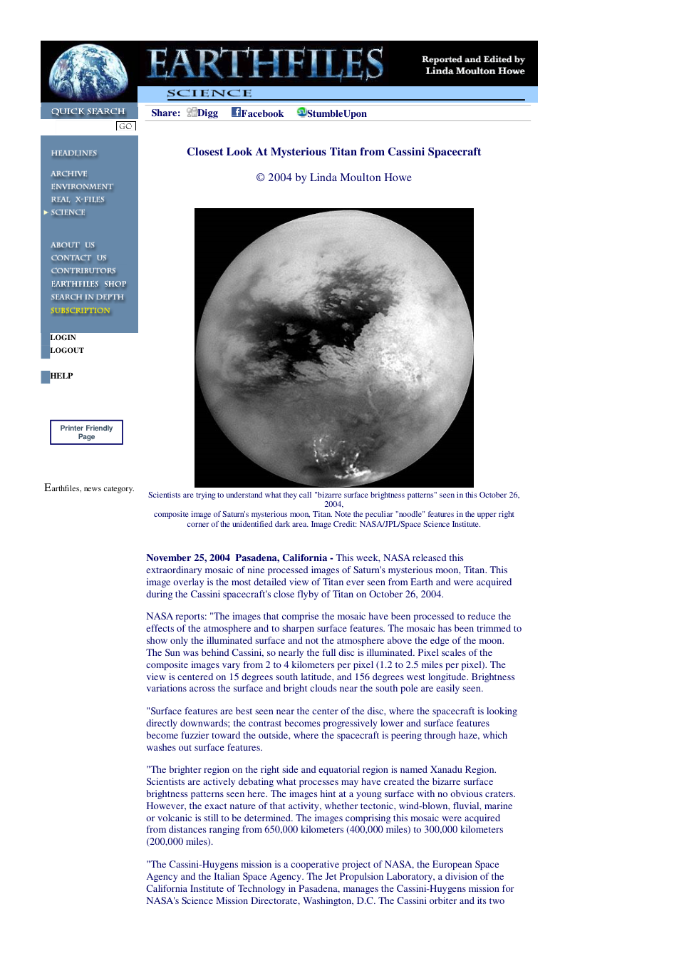 11 25 2004 Closest Look At Mysterious Titan from Cassini Spacecraft cover