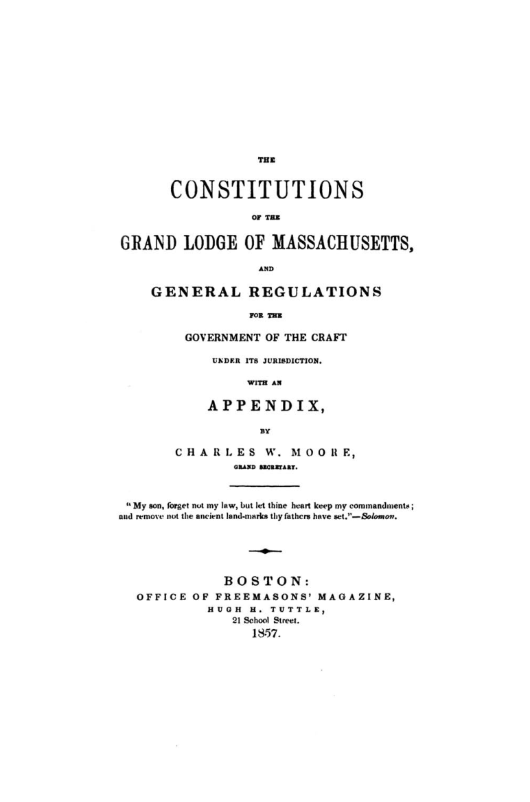 The Constitutions of the Grand Lodge of Massachusetts - 1857 cover