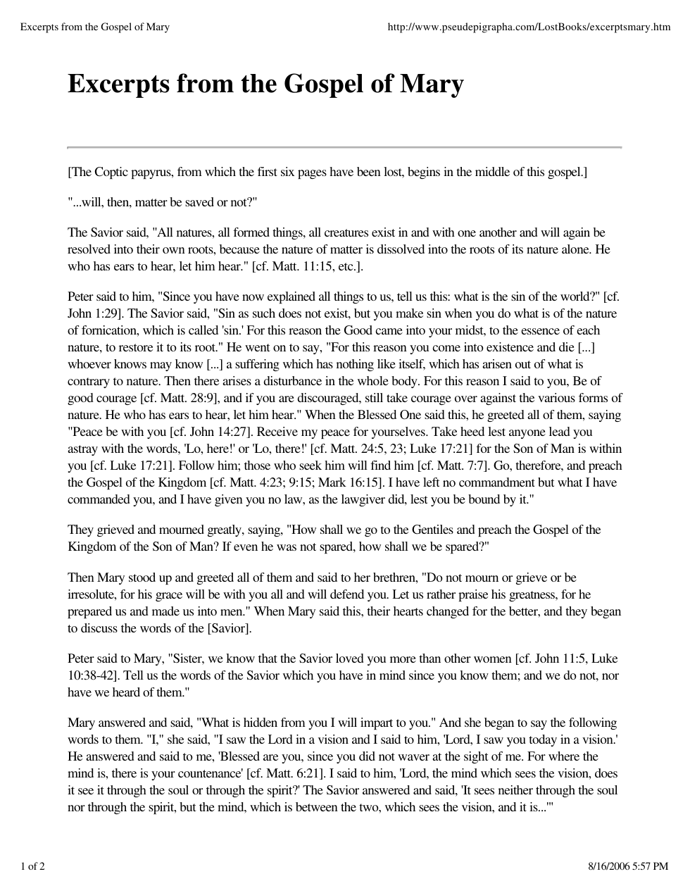 Excerpts from the Gospel of Mary cover