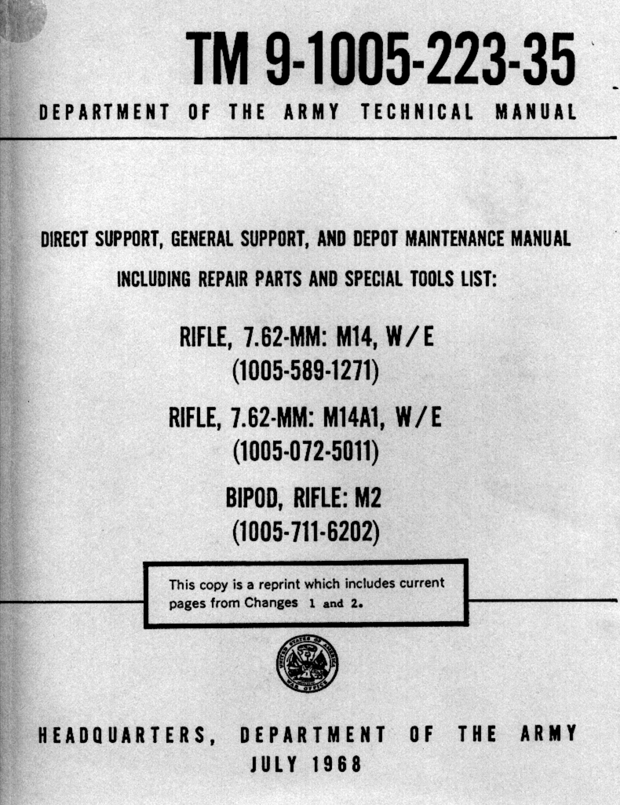 ARMY Vietnam - M14, M14A, M2 Bipod, Rifle 1968 68p. cover