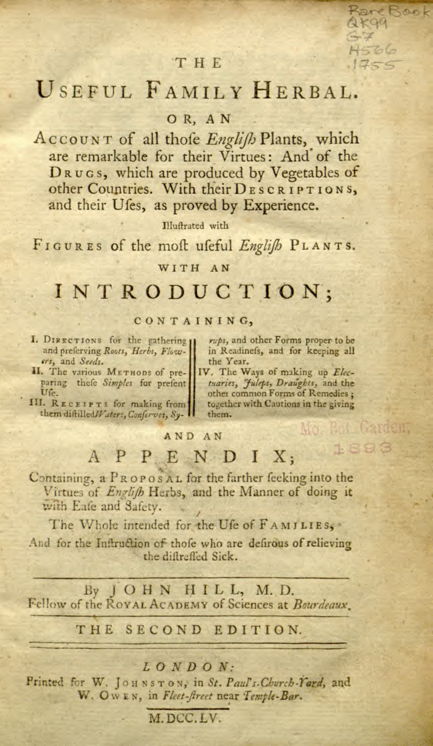 The useful family herbal, or, An account of all those English plants, which are remarkable for their virtues - J Hill 1755 cover