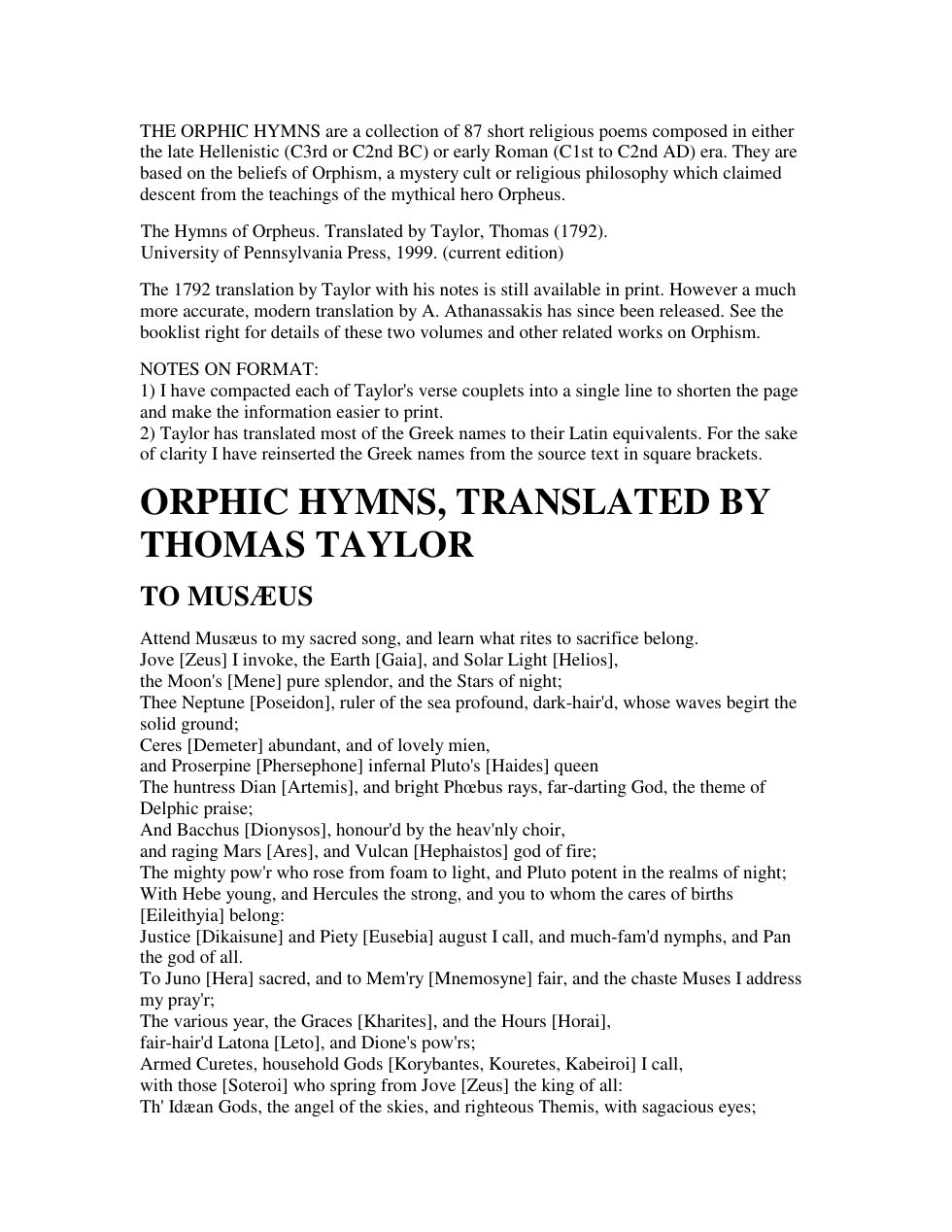 ORPHIC HYMNS TRANSLATED BY THOMAS TAYLOR cover