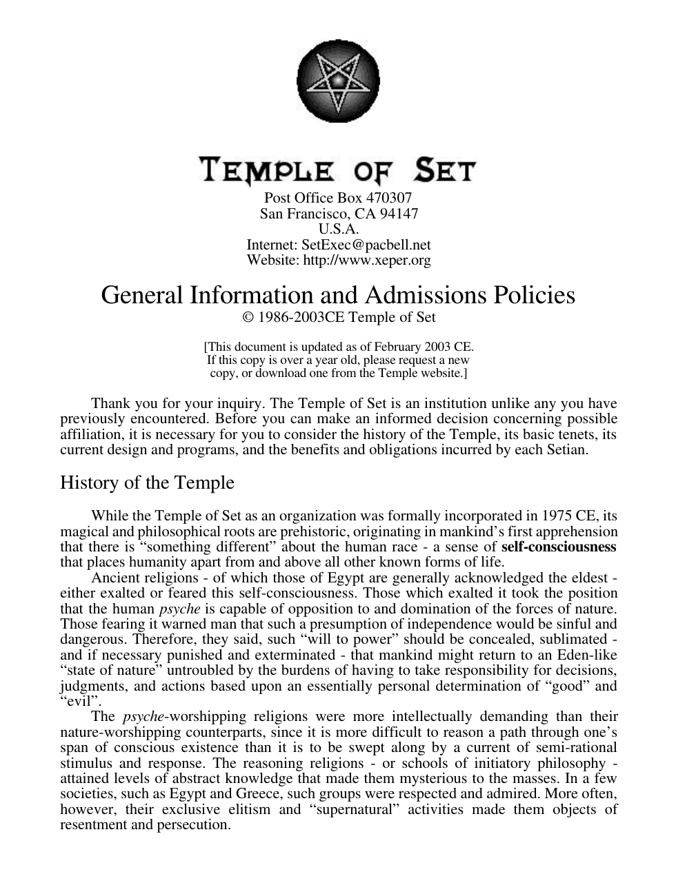TOS General Information Letter cover