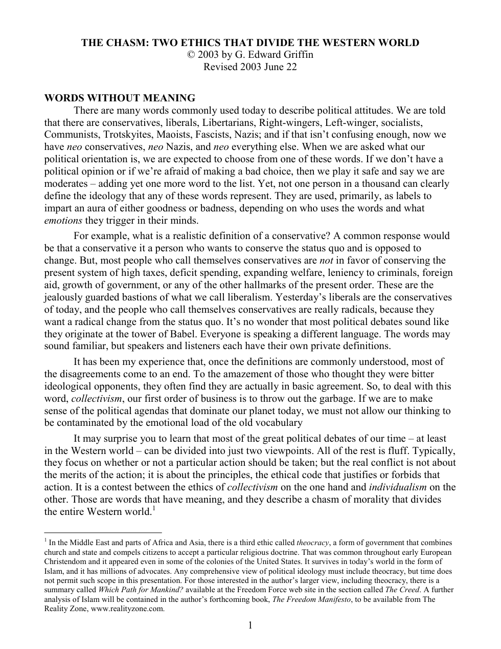 G. Edward Griffin - The Chasm - Collectivism vs Individualism cover