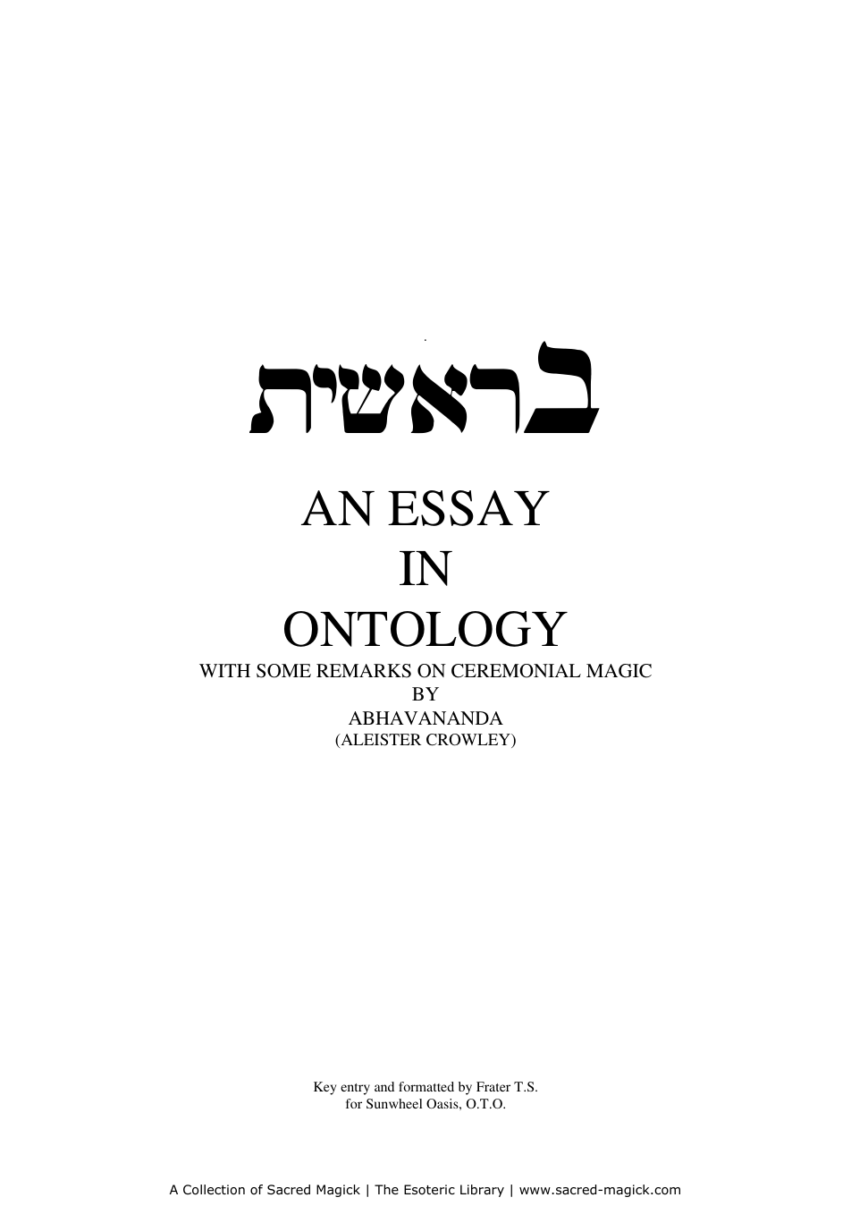 Berashith an Essay in Ontology cover