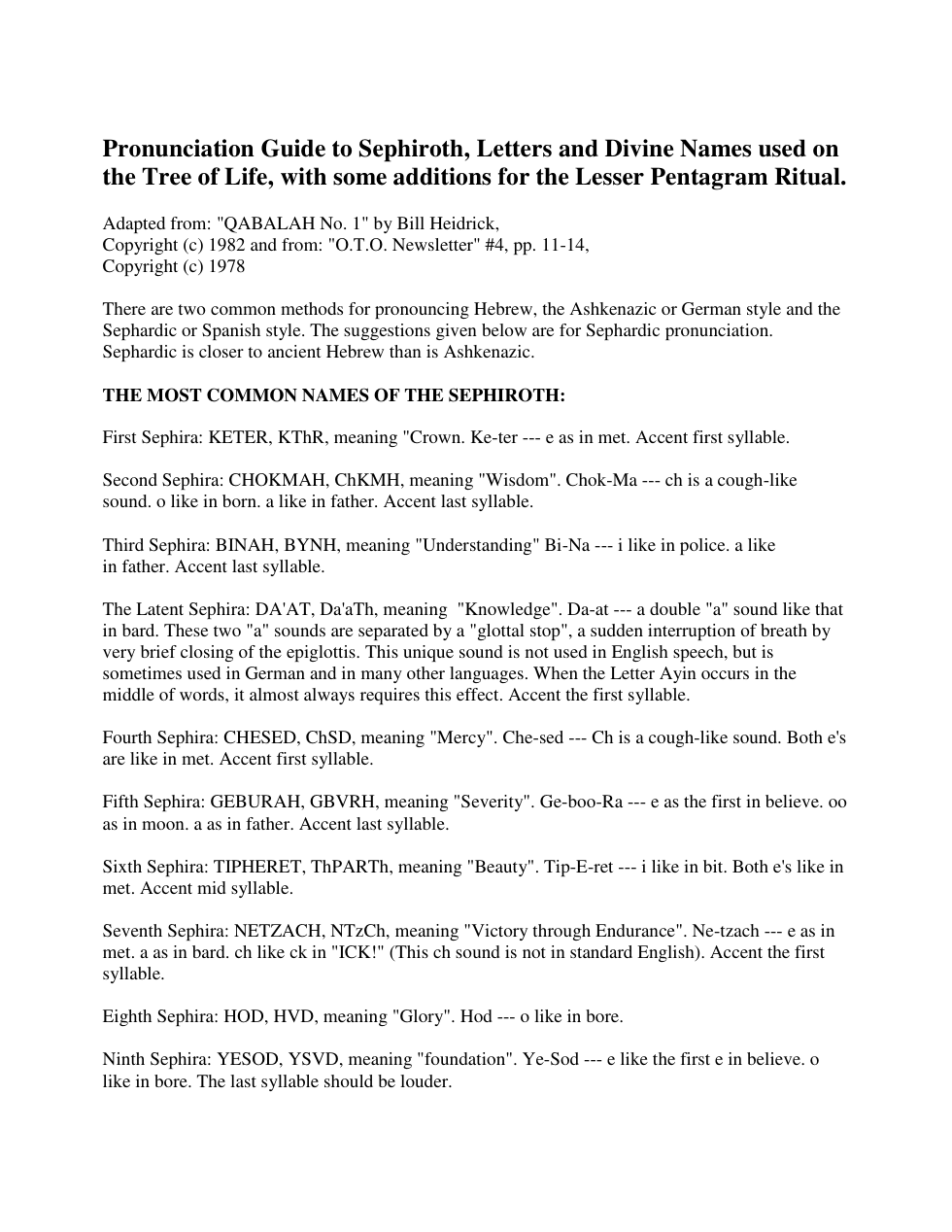Pronunciation Guide to Sephiroth Letters and Divine Names cover