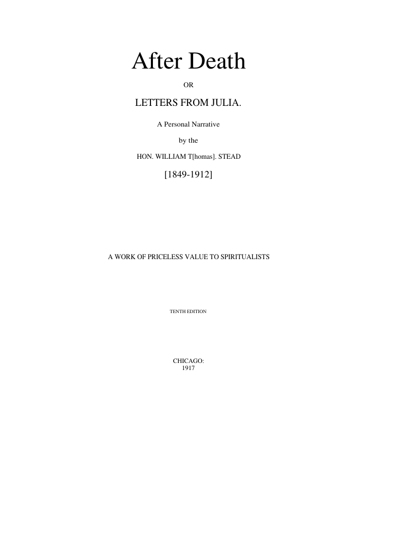 After Death Or Letters From Julia - W Stead cover