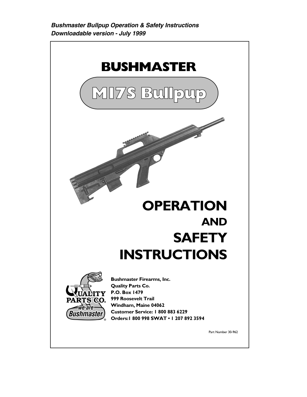 Bushmaster M17S Bulpup Manual 1999 11 pages cover