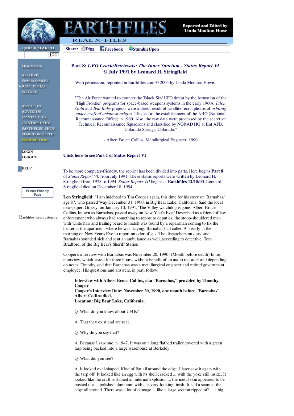 05 16 2004 Part 8 UFO Crash Retrievals The Inner Sanctum - Status Report VI July 1991 by Leonard H. Stringfield cover