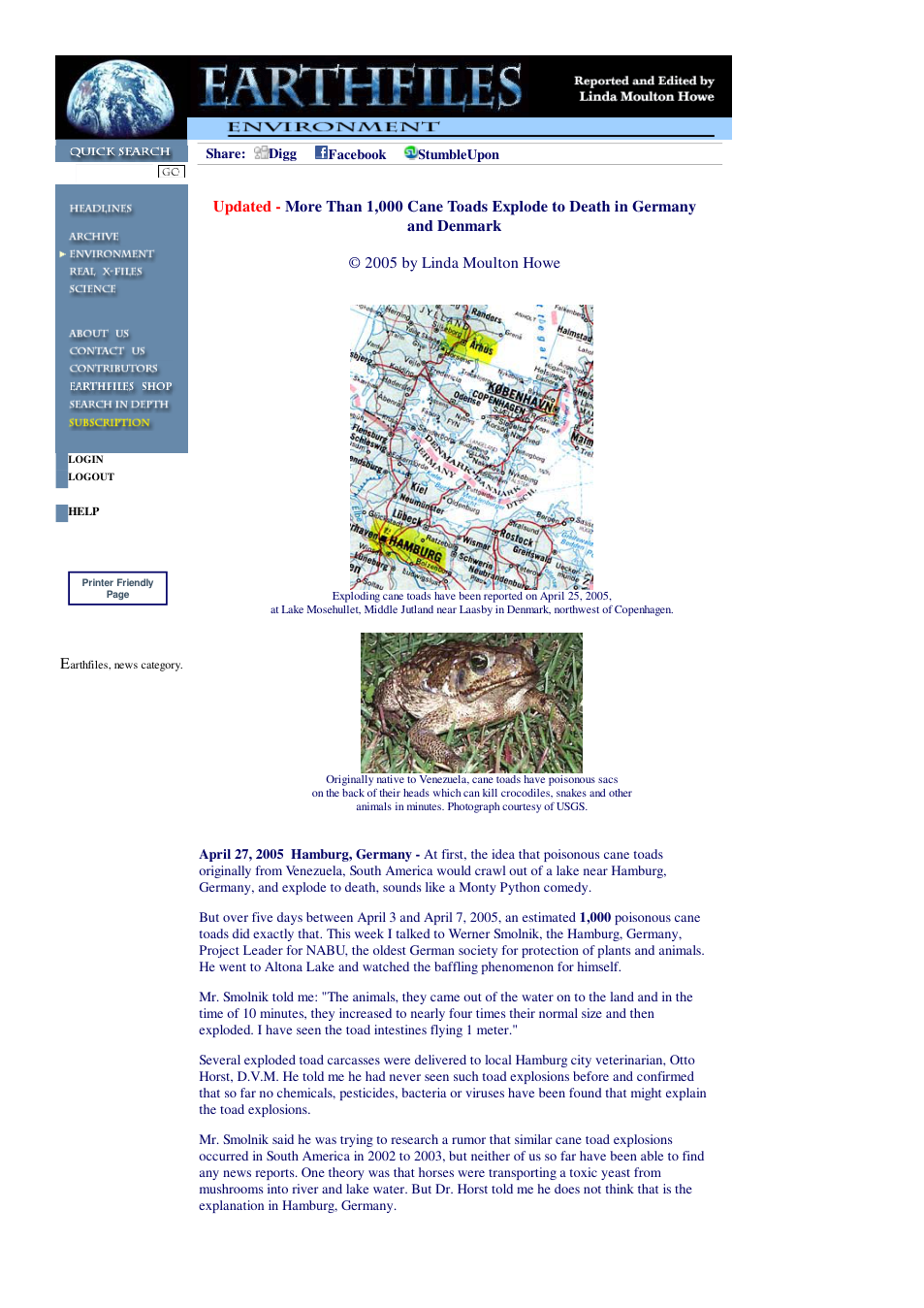 04 27 2005 Updated - More Than 1,000 Cane Toads Explode to Death in Germany and Denmark cover