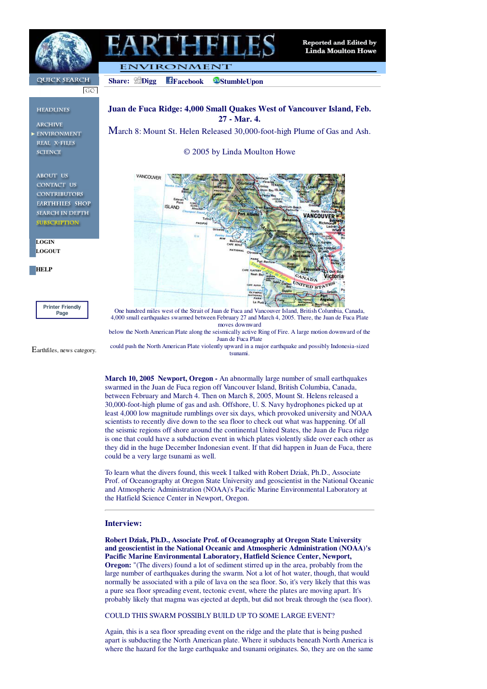 03 10 2005 Juan de Fuca Ridge 4,000 Small Quakes West of Vancouver Island, Feb. 27 - Mar. 4. cover