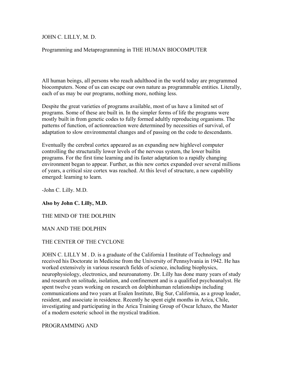 Lilly, John - Metaprogramming in the Human Biocomputer cover