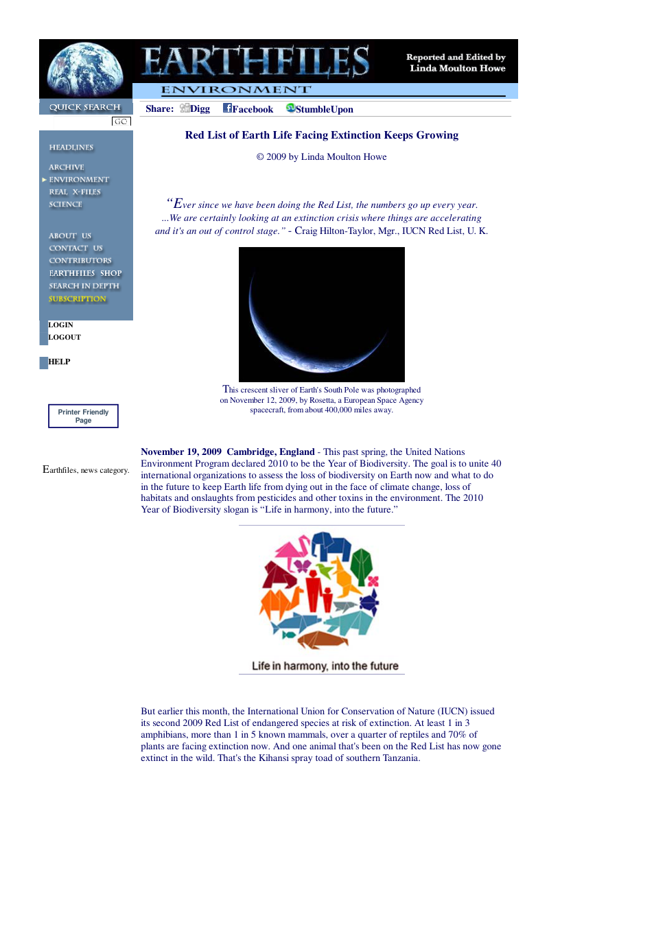 11 20 2009 Red List of Earth Life Facing Extinction Keeps Growing cover