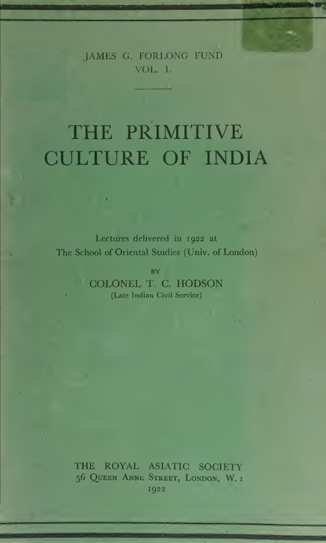 The Primitive Culture of India - T C Hodson (1922) cover