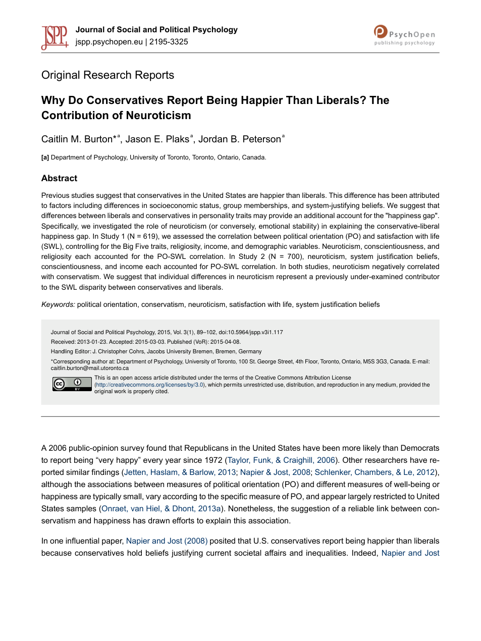 Jordan Peterson - Why Do Conservatives Report Being Happier Than Liberals The Contribution of Neuroticism article in the Journal of Social and Political Psychology 2015 cover