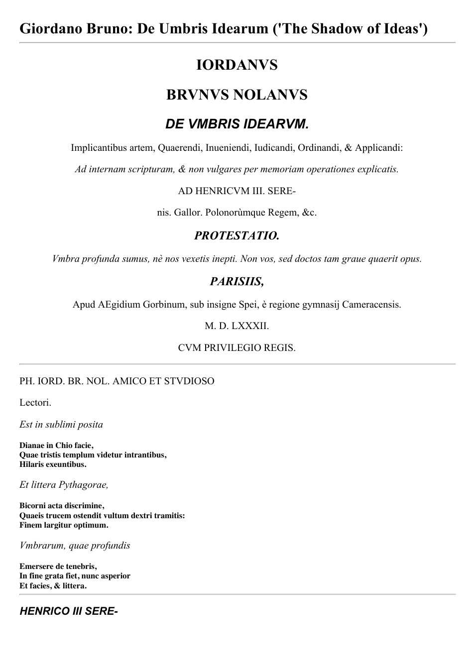 Giordano Bruno - De Umbris Idearum (The Shadow of Ideas) cover