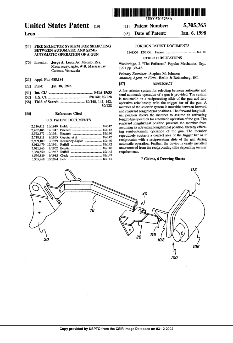 US Patent designs Handgun Fire Selector 1998 11 pages cover