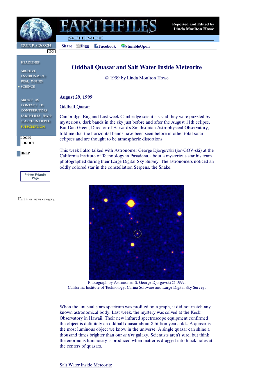 08 28 1999 Oddball Quasar and Salt Water Inside Meteorite cover