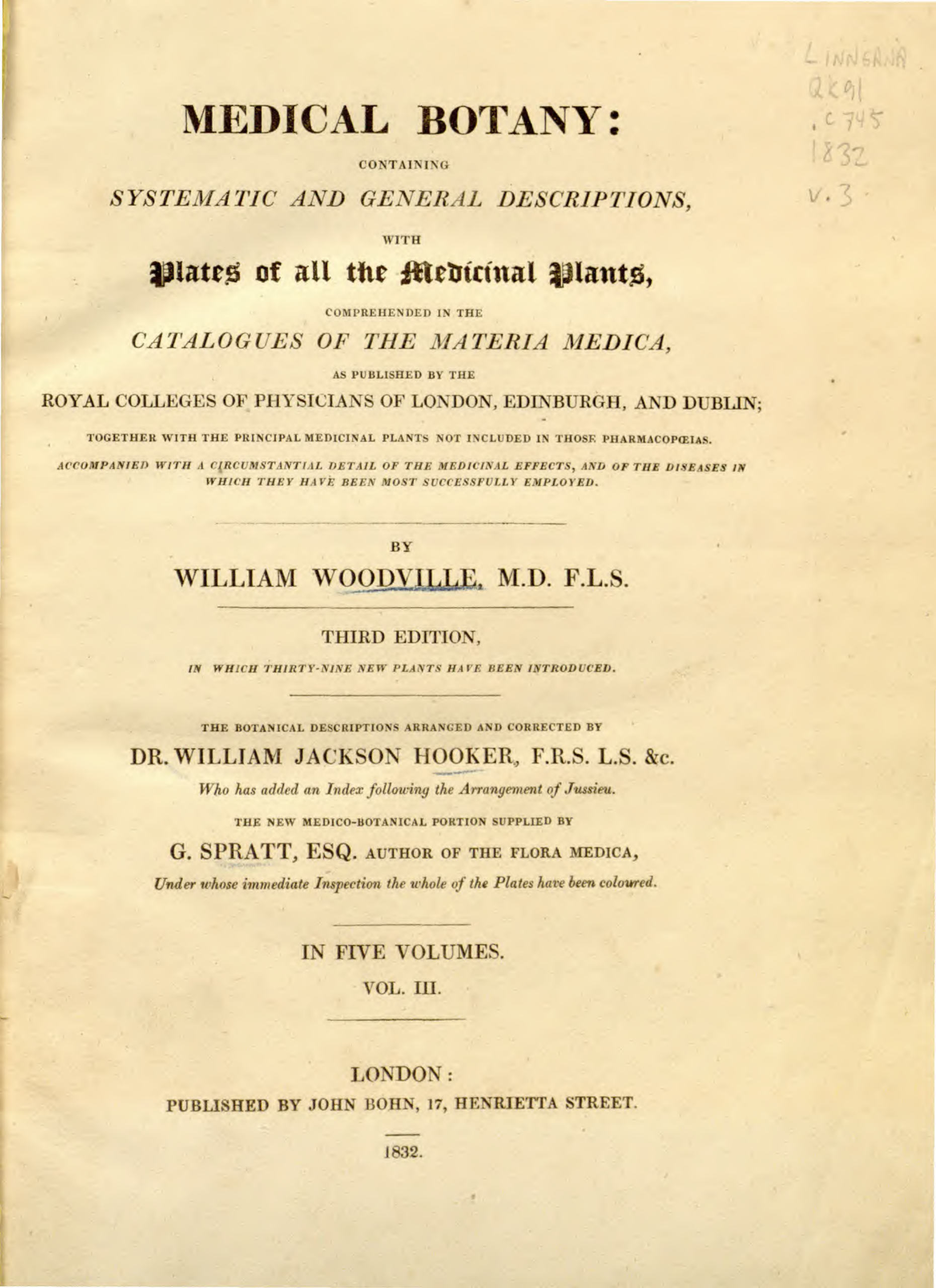 Medical botany - containing systematic and general descriptions, with plates of all the medicinal plants Vol 3 - W. J. Ho~1 cover