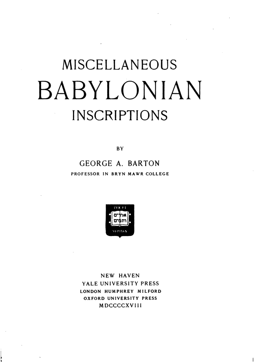 Miscellaneous Babylonian Inscriptions - G Barton cover