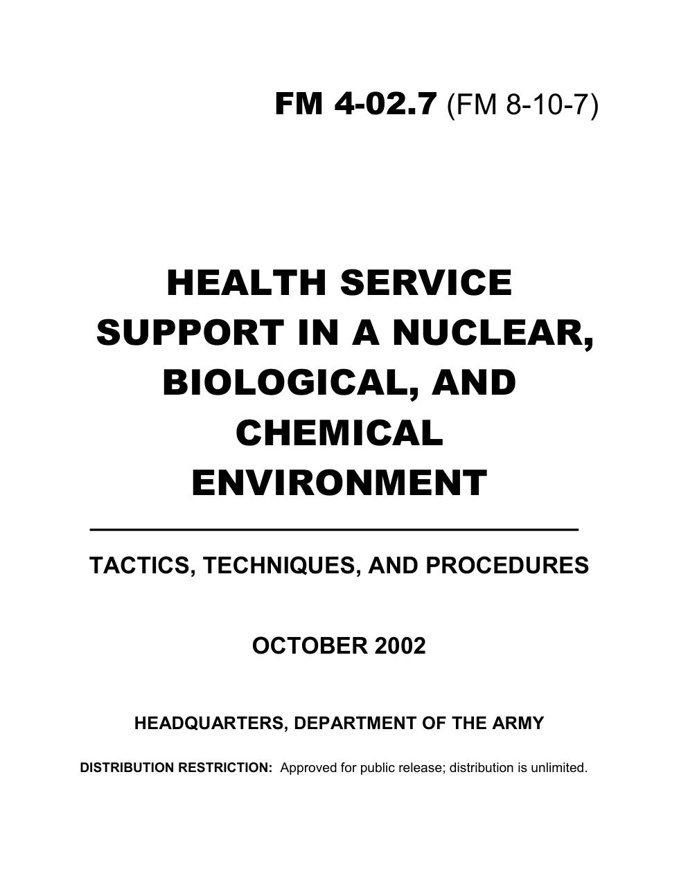 ARMY Health Service Support-NBC Environment 2002 240p. cover