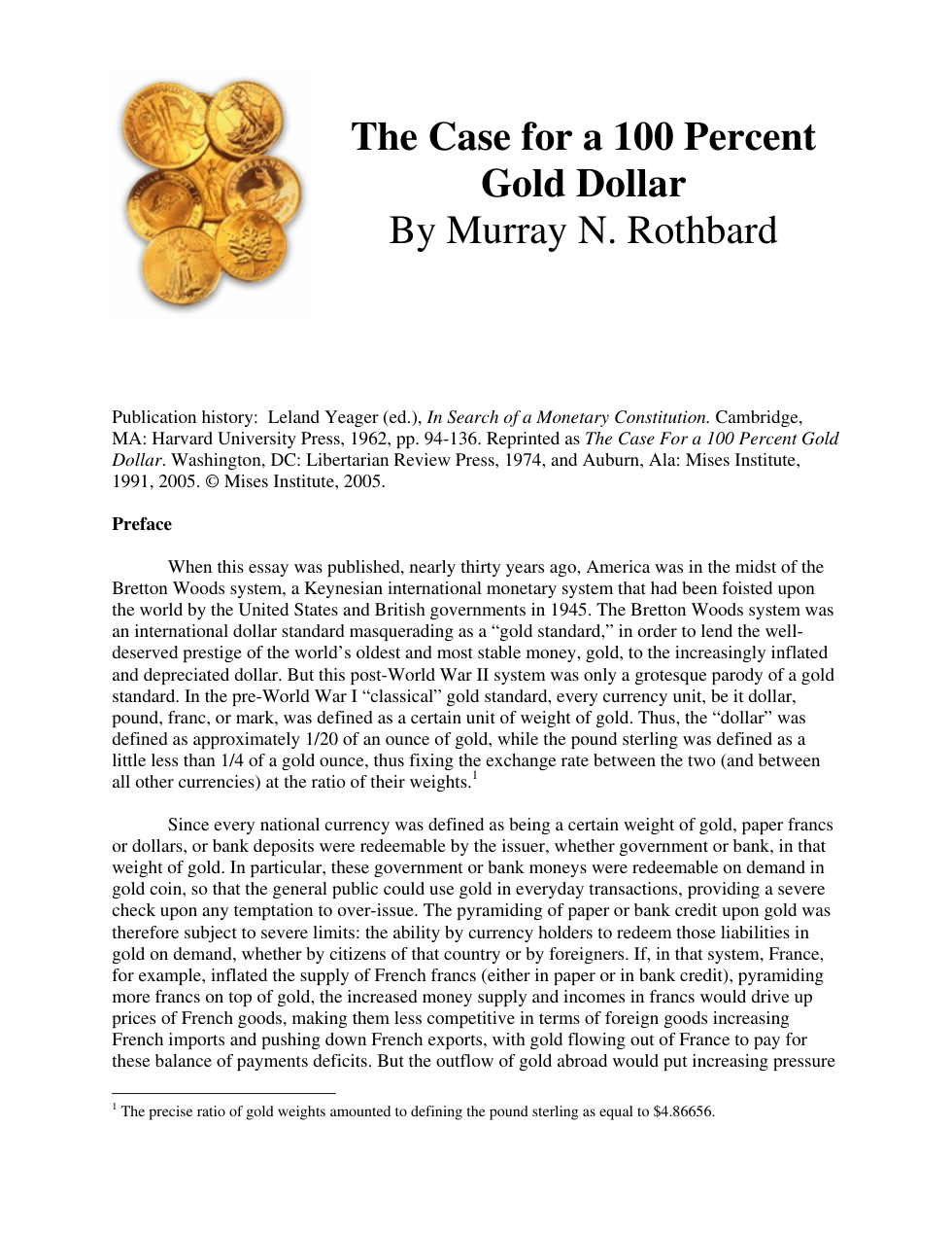 Murray Rothbard - Case For The 100 Percent Gold Dollar cover