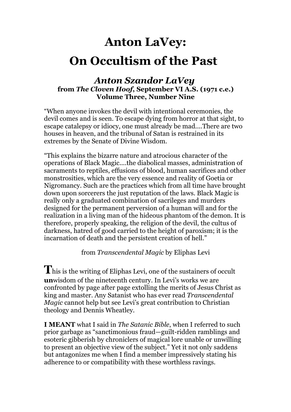 Anton LaVey - On Occultism of the Past cover
