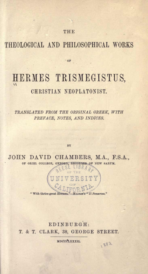 The Work Of Hermes Trismegistus - J Chambers cover