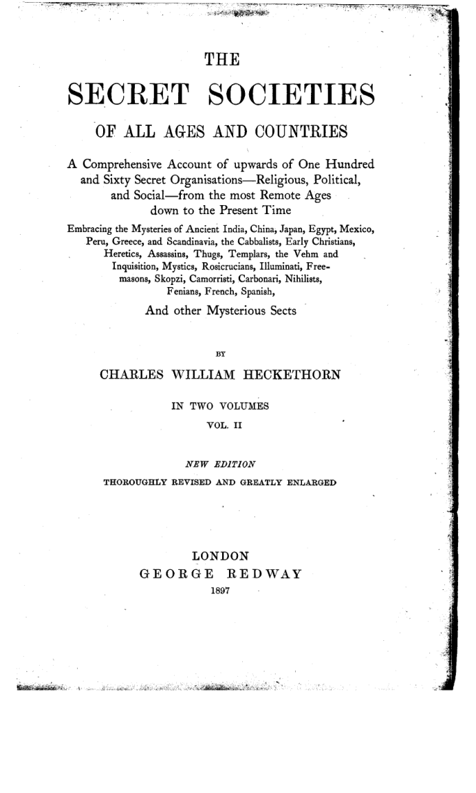 Heckethorn, Charles William - The Secret Societies of All Ages and Countries Vol. 2 (1897) (Scan, OCR) cover