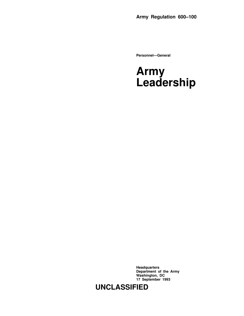 ARMY Army Leadership 1993 15 pages cover