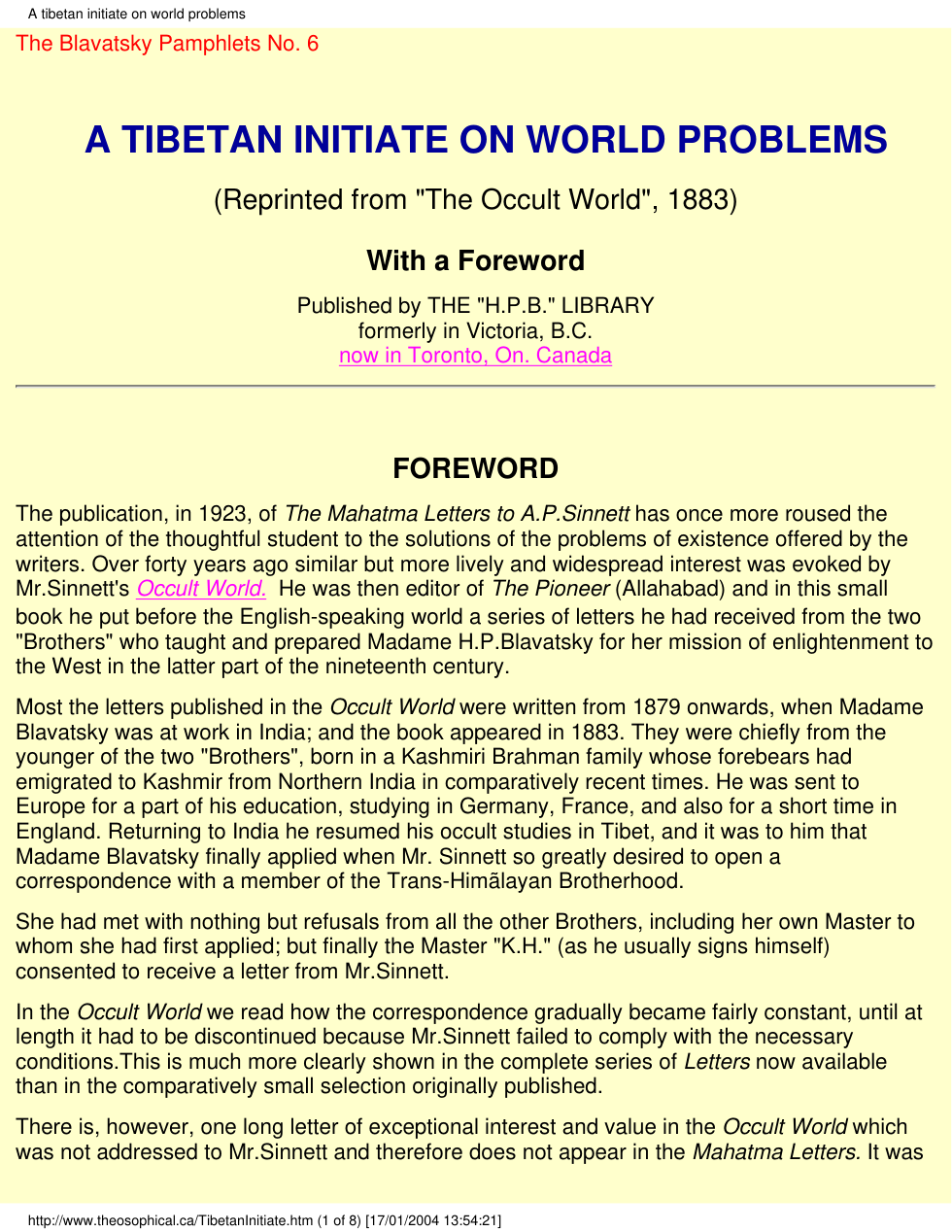 H P Blavatsky - A Tibetian Initiative on World Problems cover