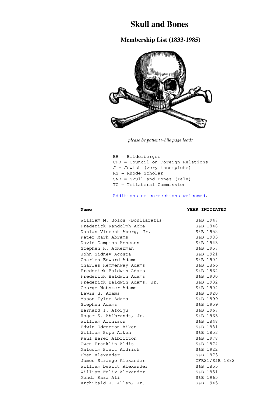 Skull and Bones Membership List 1833-1985 cover