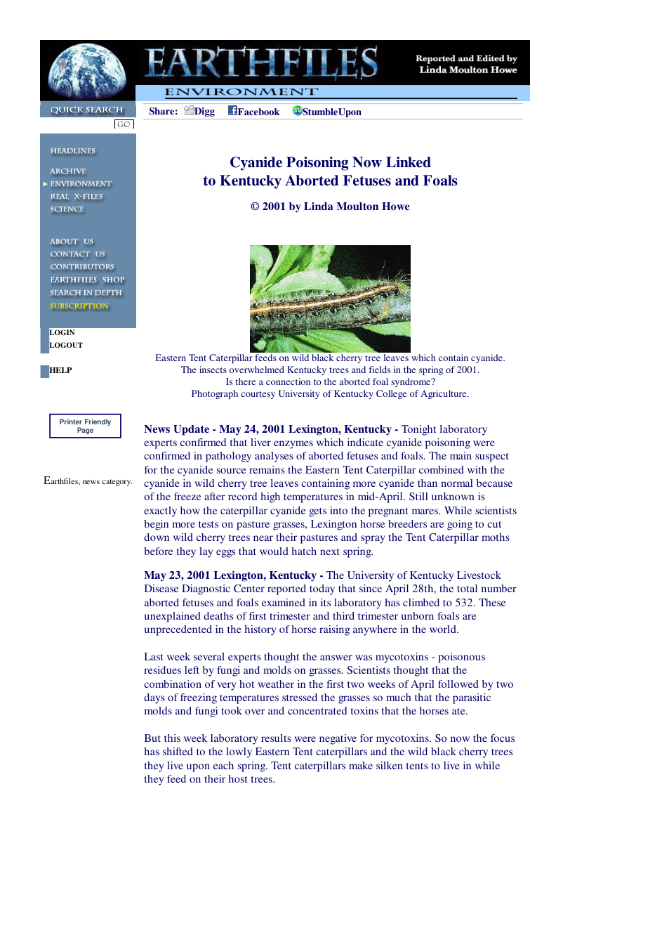 05 24 2001 Cyanide Poisoning Now Linked to Kentucky Aborted Fetuses and Foals cover