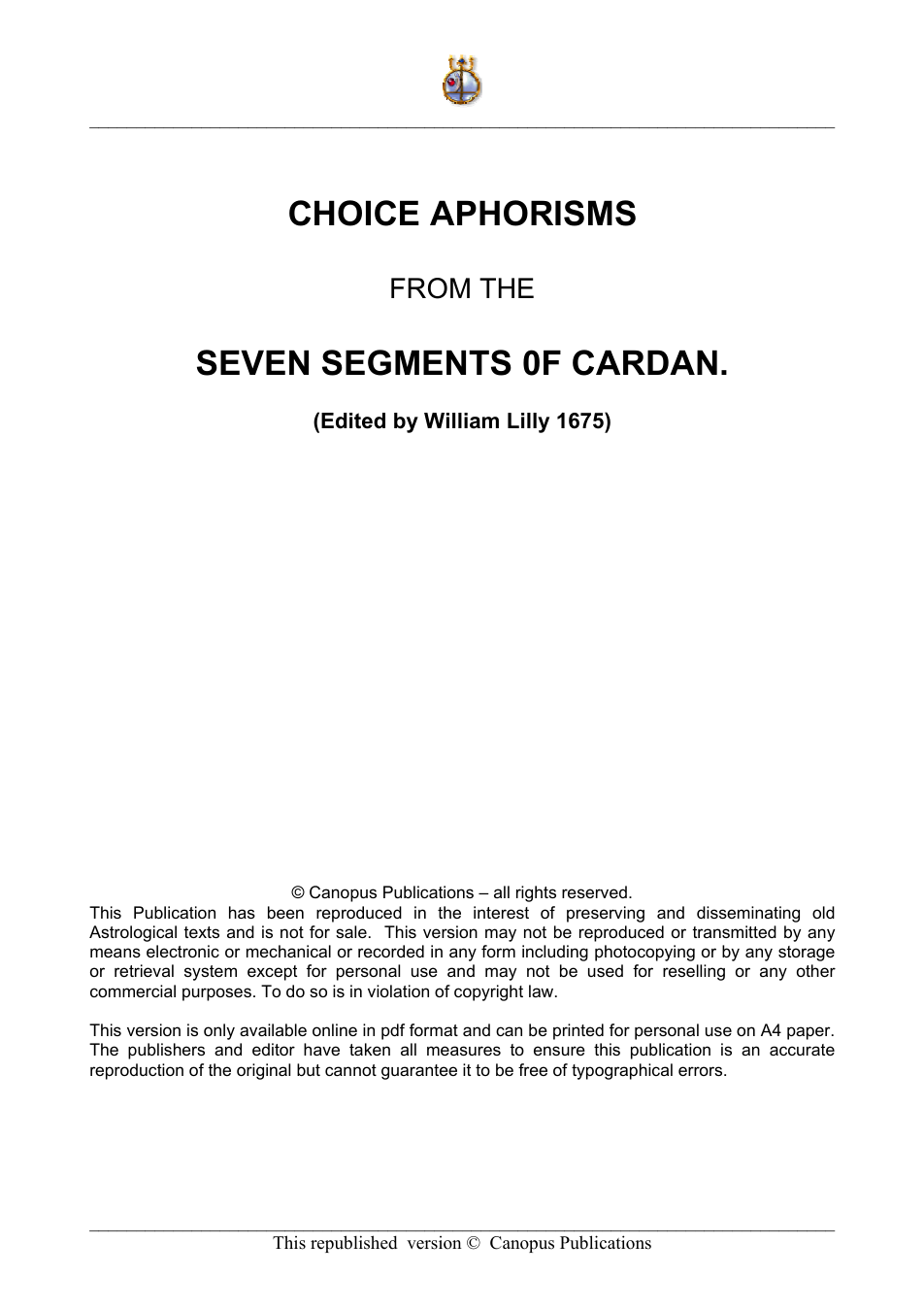 Lilly, William - 1675 - Choice Aphorisms cover