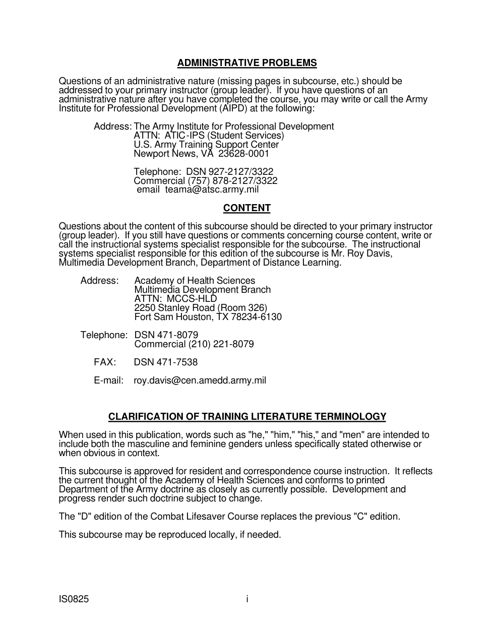 US Army IS-0825 medical course - Combat Lifesaver Course 0825CC cover