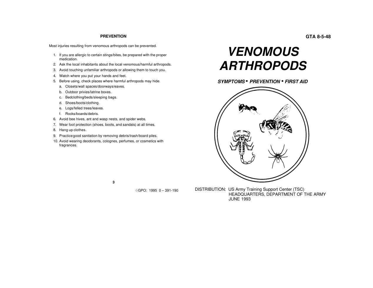 ARMY Medical - Venomous Arthropods 1993 4 pages cover